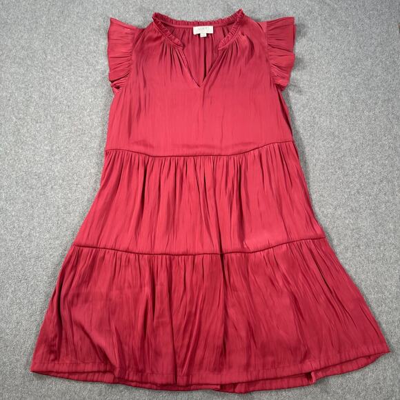 Loft Outlet Flutter Sleeve Tiered Dress Petite Small Rose Satin V-Neck Ruffle - Picture 1 of 9